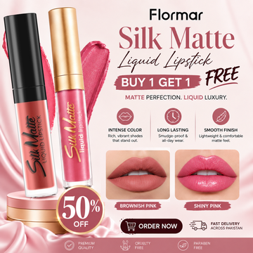 Flomar Silk matte liquid lipstick in Brownish Pink with FREE Silk shinny Pink gloss - Instant color, long lasting & smooth finish - Smudge proof, lightweight & hydrating