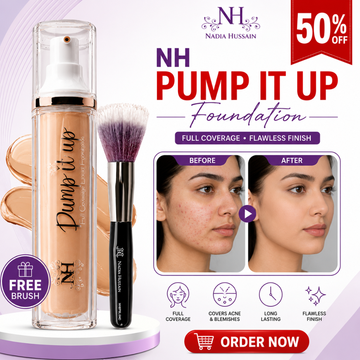 Nadia Hussain Pump It Up Foundation – Full Coverage, Flawless Finish – Conceals Acne & Blemishes, Long Lasting – Lightweight, Oil Control – FREE Brush Included