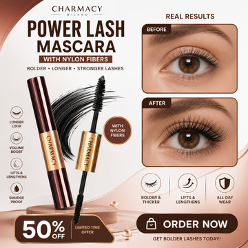 Charmacy Milano Power 2-IN-1 Lash Mascara with Nylon Fibers – Bolder, Longer & Stronger Lashes – Fiber wand for Lifts, Lengthens & Volumizes – Smudge-Proof, Long-Lasting – Lightweight Formula, Dual Wand